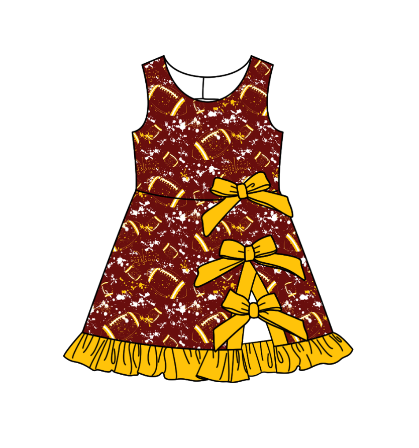 Preorder (moq 5)Baby Girls Tie-dye Footballs Print Team Bows Shorts Knee Length Dress