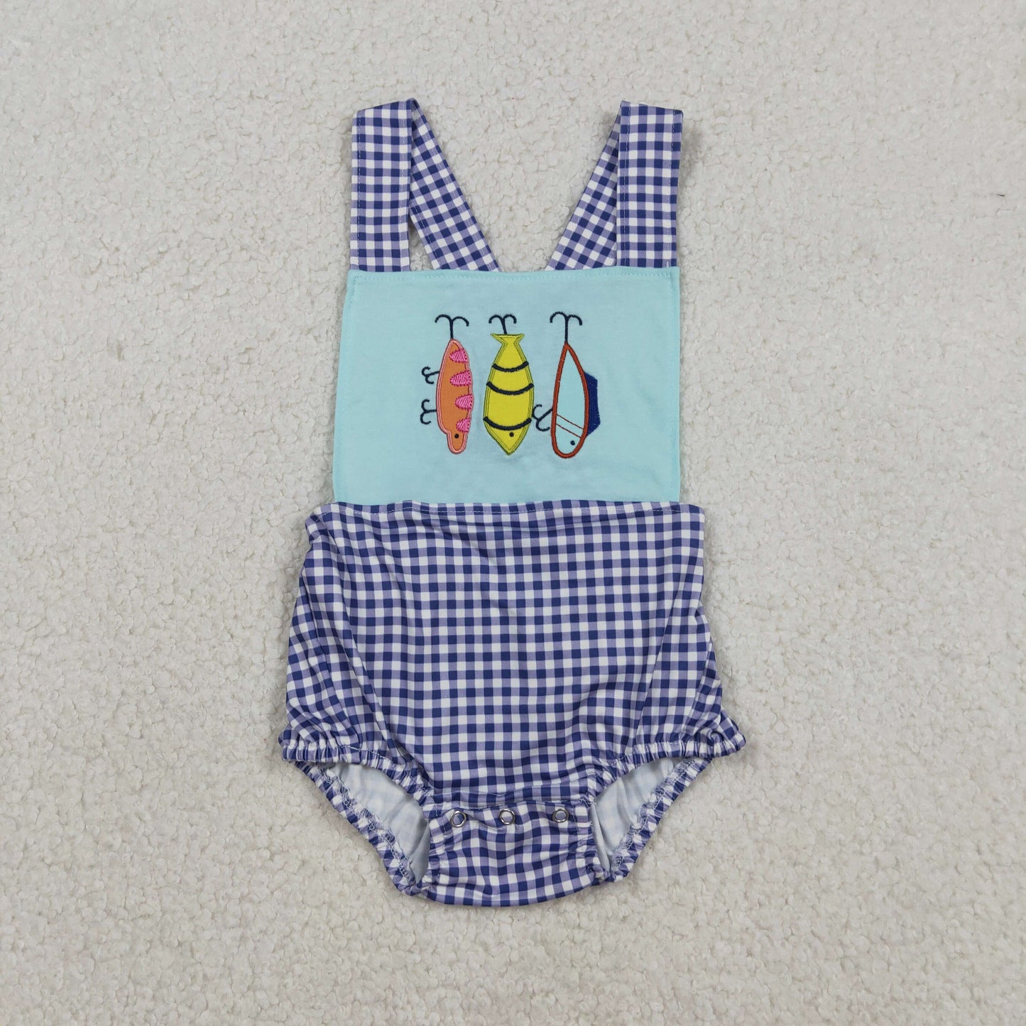 Embroidery Fishing Baby Boys Checked Strap Hunting Rompers