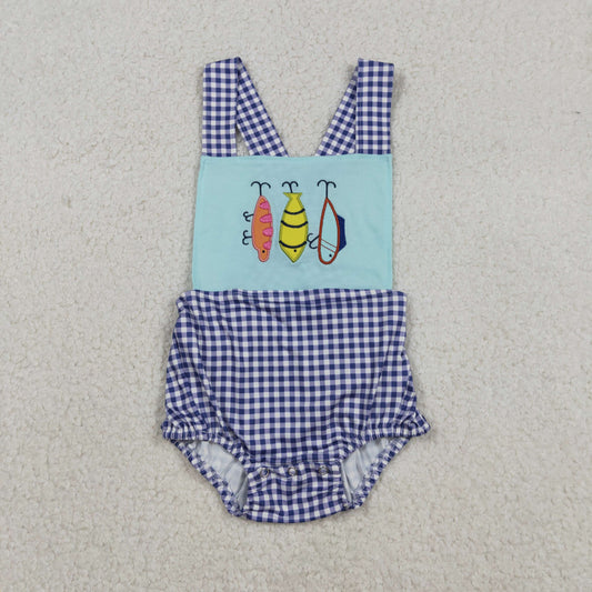 Embroidery Fishing Baby Boys Checked Strap Hunting Rompers
