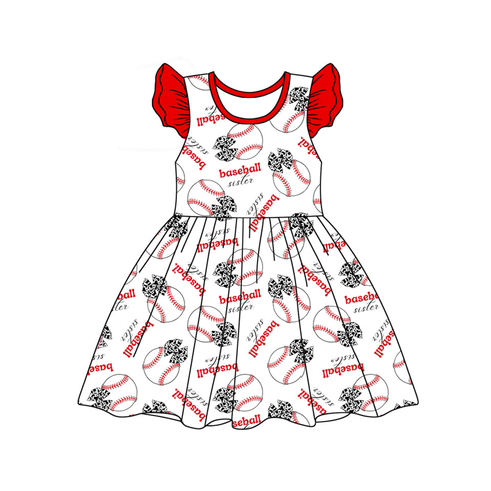 Preorder (moq 5)Baby Girls Baseball Bows Sisters Knee Length Dresses