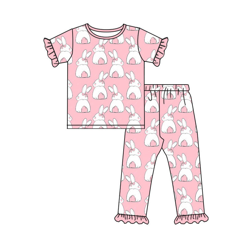 Preorder (moq 5)Baby Girls Pink Rabbits Top Ruffle Pants Easter Pajamas Sets
