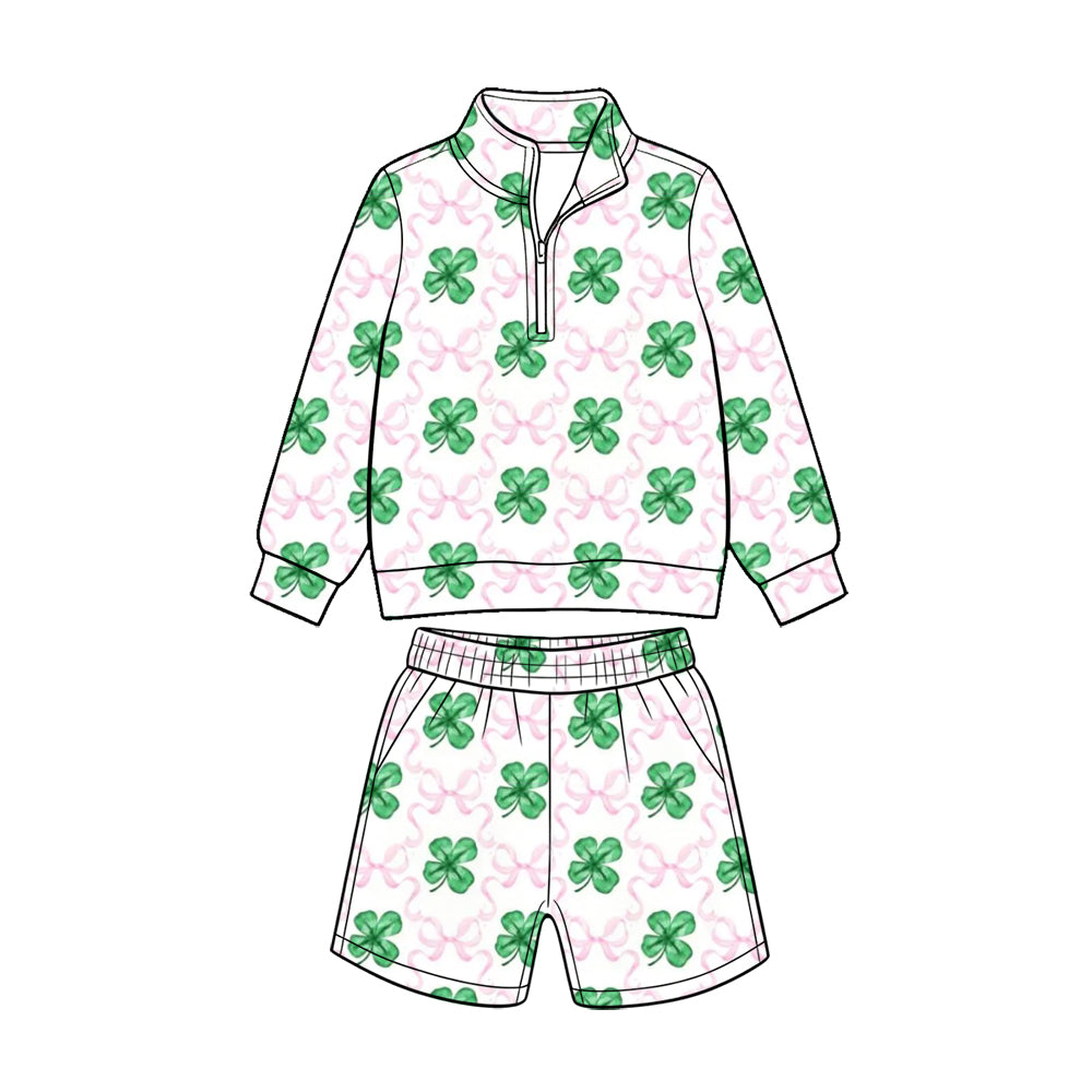 Preorder (moq 5) Baby Girl Clothes St Patrick Shamrock Pink Bow Print Long Sleeve Quarter Zip Top Short Set