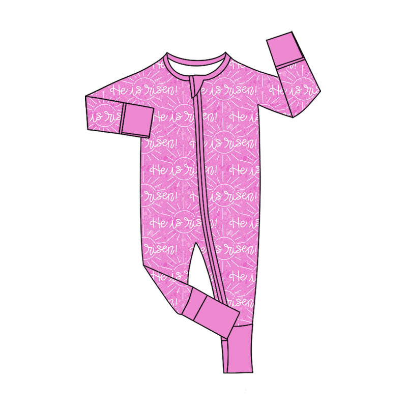 Preorder (moq 20)Baby Girls Bamboo Pink He is Risen Easter Two Way Zip Convertible Rompers