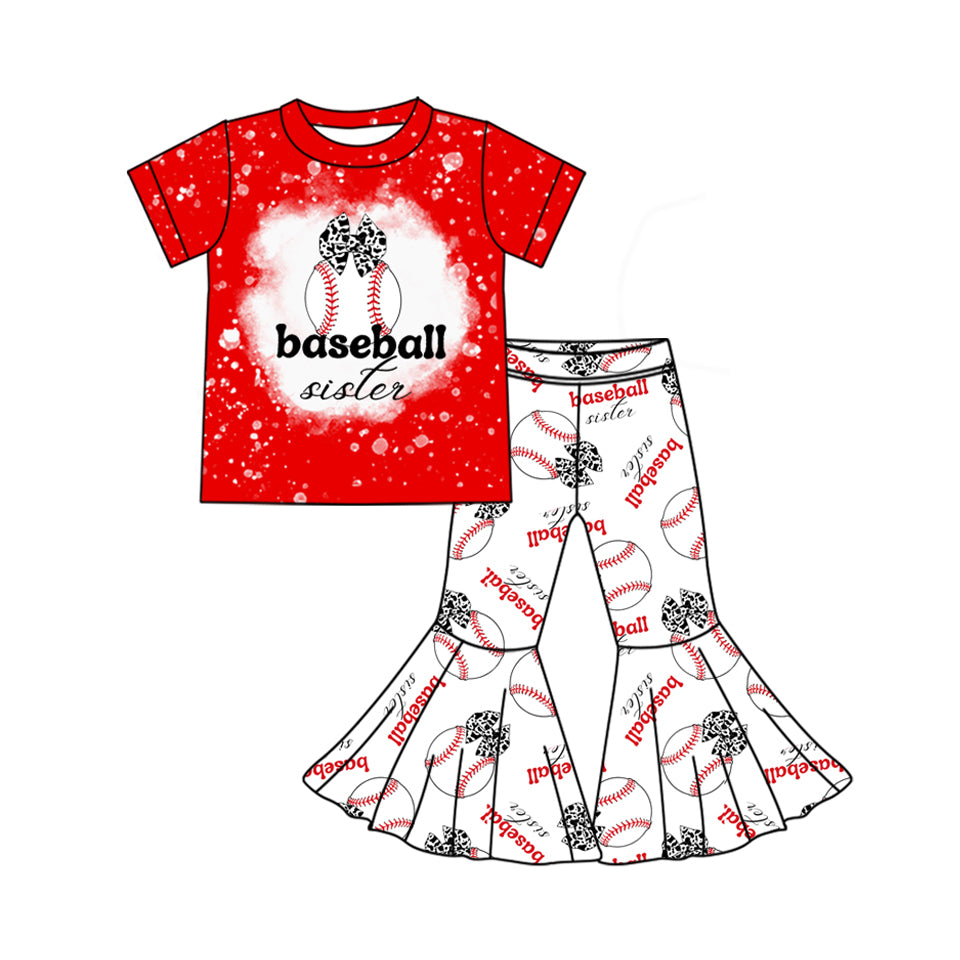 Preorder (moq 5)Baby Girls Baseball Bows Sisters Top Bell Pants Clothes Sets