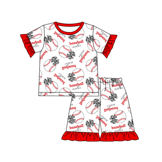 Preorder (moq 5)Baby Girls Baseball Bows Sisters Top Ruffle Shorts Pajamas Clothes Sets