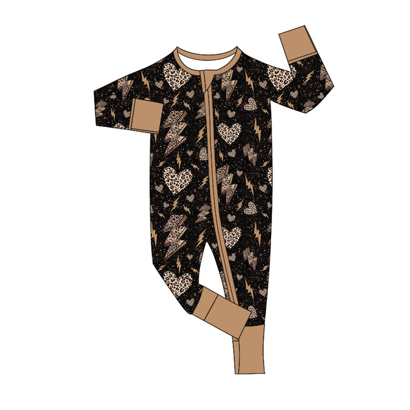 Preorder (moq 8)Baby Girls Leopard Hearts Lights Zipper Footie Rompers