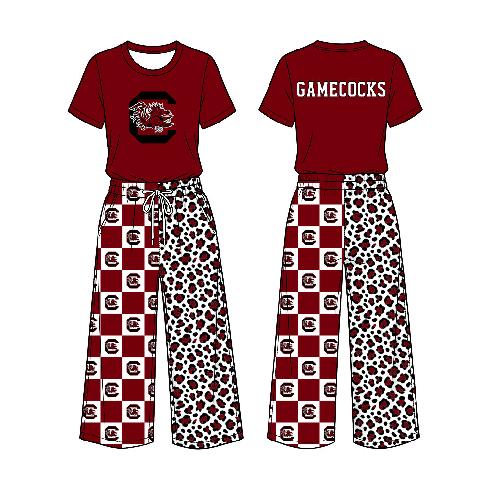 Preorder (moq 5) Baby Girl Clothes South Carolina Gamecocks Checker Leopard Mixed Print Short Sleeve Top Wide Leg Pant Outfit Set