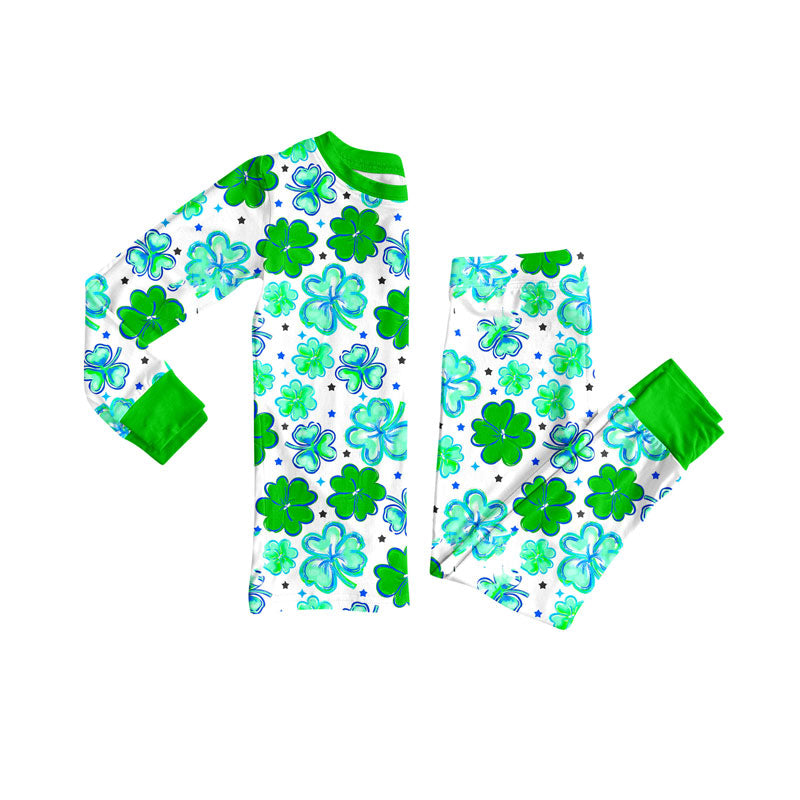 Preorder(moq 8)Baby Boys Green Clovers Plaid Top Pant St Patrick Pajamas Sets