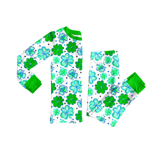 Preorder(moq 8)Baby Boys Green Clovers Plaid Top Pant St Patrick Pajamas Sets