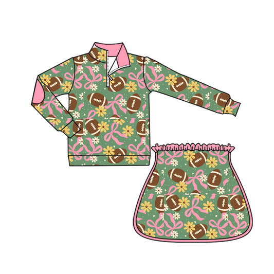 Preorder (moq 5)Baby Girls Bows Flowers Footballs Zip Pullovers Skirt Short Team Clothes Sets