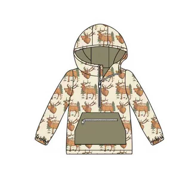 Preorder (moq 5)Baby Boys Deer Zipper Pocket Western Hooded Tops