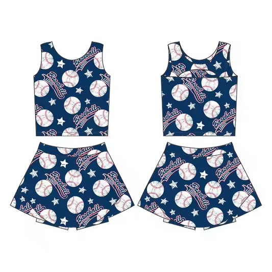 Preorder (moq 5)Baby Girls Baseball Navy Team Sleeveless Top Skort Set