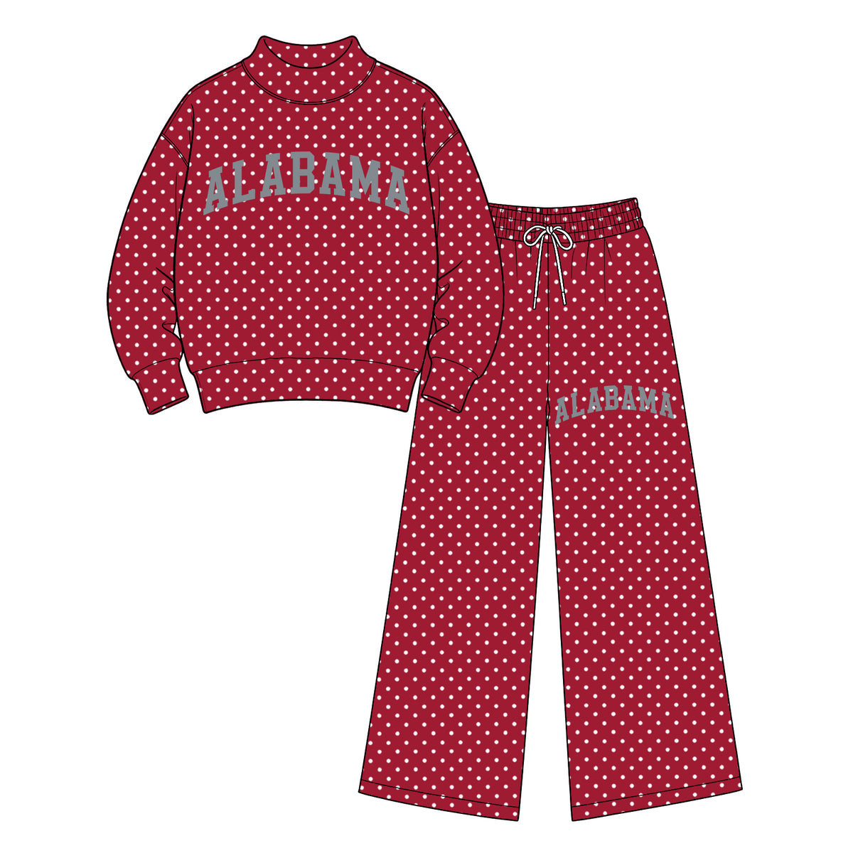 Preorder (moq 5) Adult Women Clothes Alabama Red Polka Dot Print Long Sleeve Mock Neck Top Wide Leg Pant Set