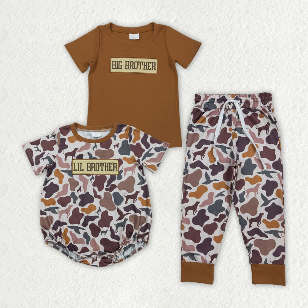 Sibling Baby Boys Embroidery Big Lil Brother Top Pockets Camo Pant Hunting Clothes Set Rompers
