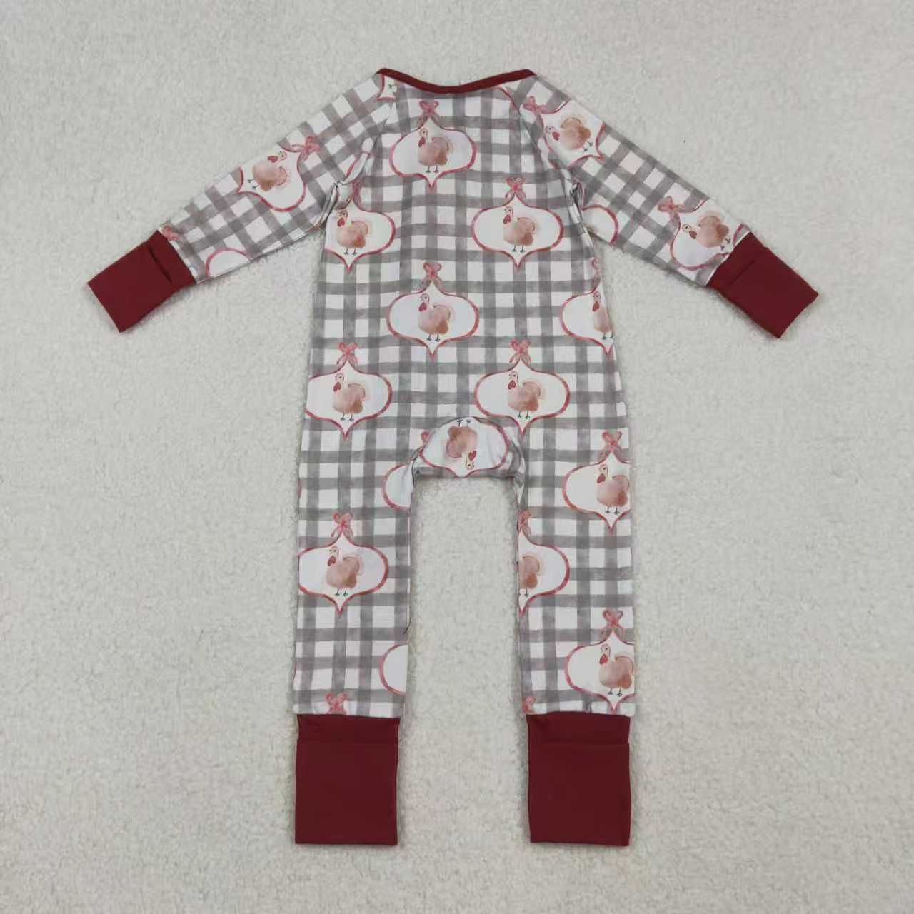 Sibling Baby Girls Turkey Checked Pants Thanksgiving Pajamas Sets Zipper Footie Rompers