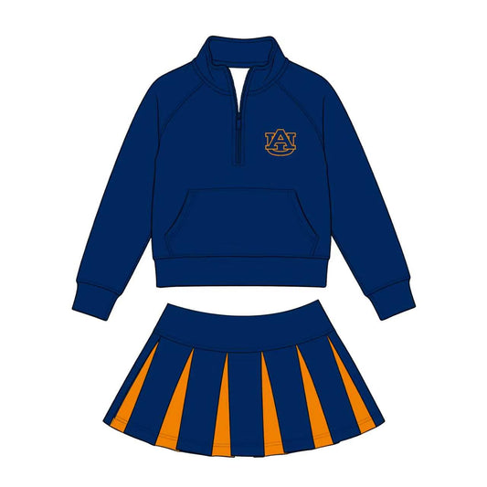Preorder (moq 5)Baby Girls Zip Pocket AU Pullovers Orange Navy Skirt Short Team Clothes Set