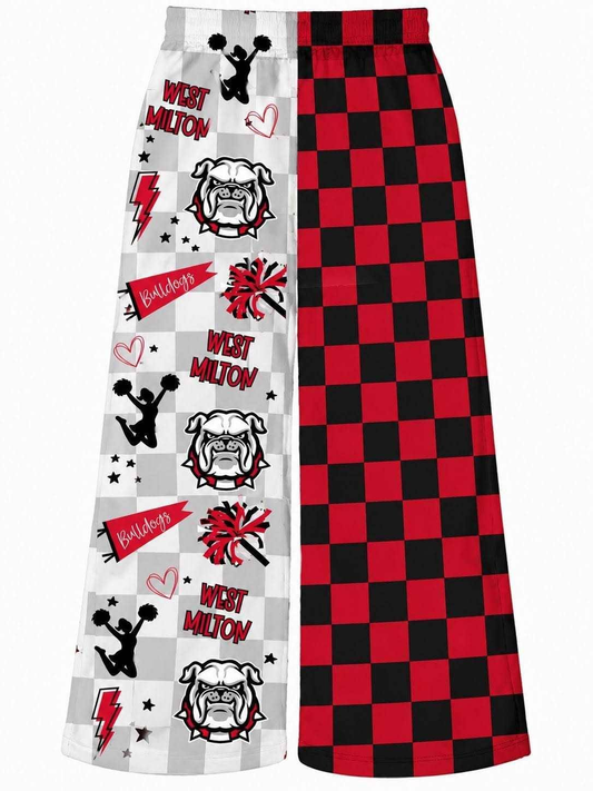 Preorder moq 5 Adult Women Red Checked Bulldogs Cheer Team Flare Pants Bottom
