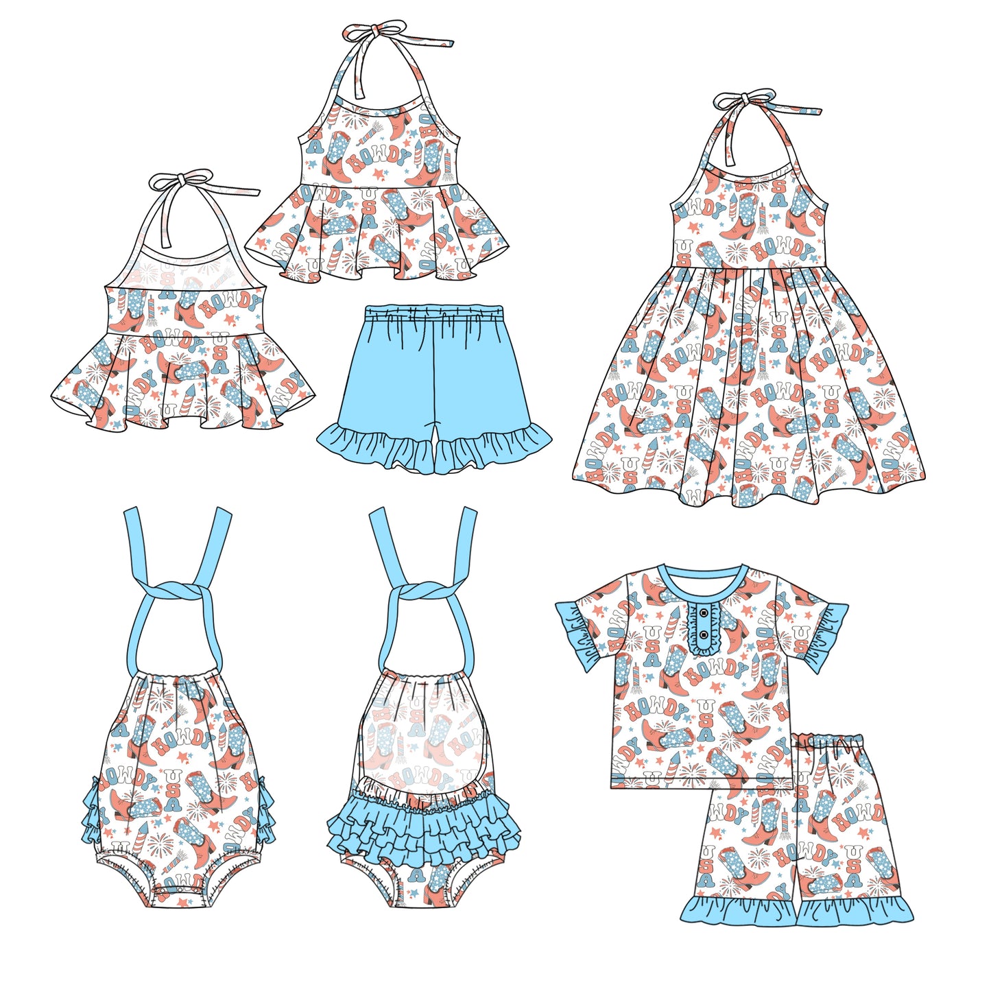 Preorder moq 5 Custom Baby Girls Strap Boots Fireworks Stars Tunic Ruffle Short 4th Of July Set Knee Length Dress And Rompers