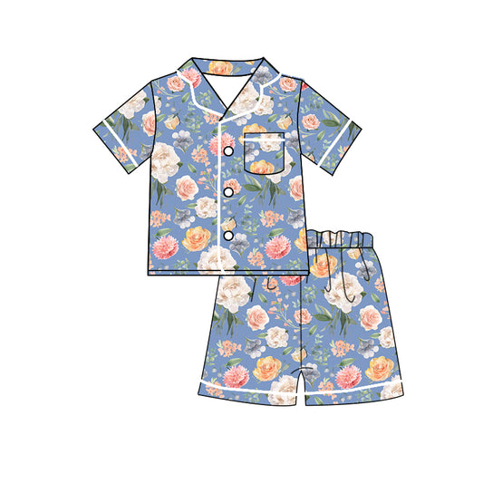 Baby Girls Short Sleeve Blue Flowers Shirt Shorts Pajamas Clothes Sets preorder(moq 5)