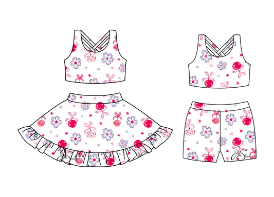 Preorder moq 5 Custom Baby Girls Sleeveless Hearts Flowers Top Ruffle Skirts Set Biking Sets