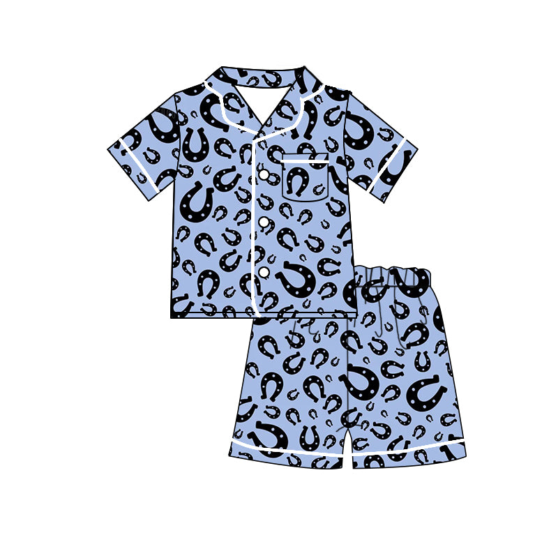 Baby Girls Short Sleeve Horse Shoes Blue Buttons Shirt Shorts Pajamas Clothes Sets preorder(moq 5)