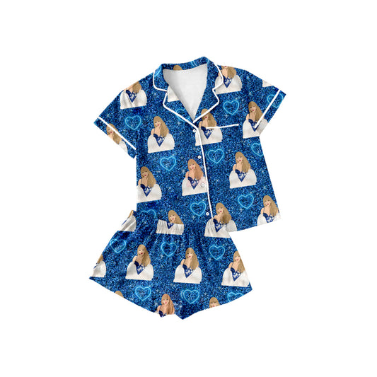 Preorder (moq 5)Baby Girls Blue Heart Singer Buttons Top Shirt Shorts Pajamas Clothes Sets