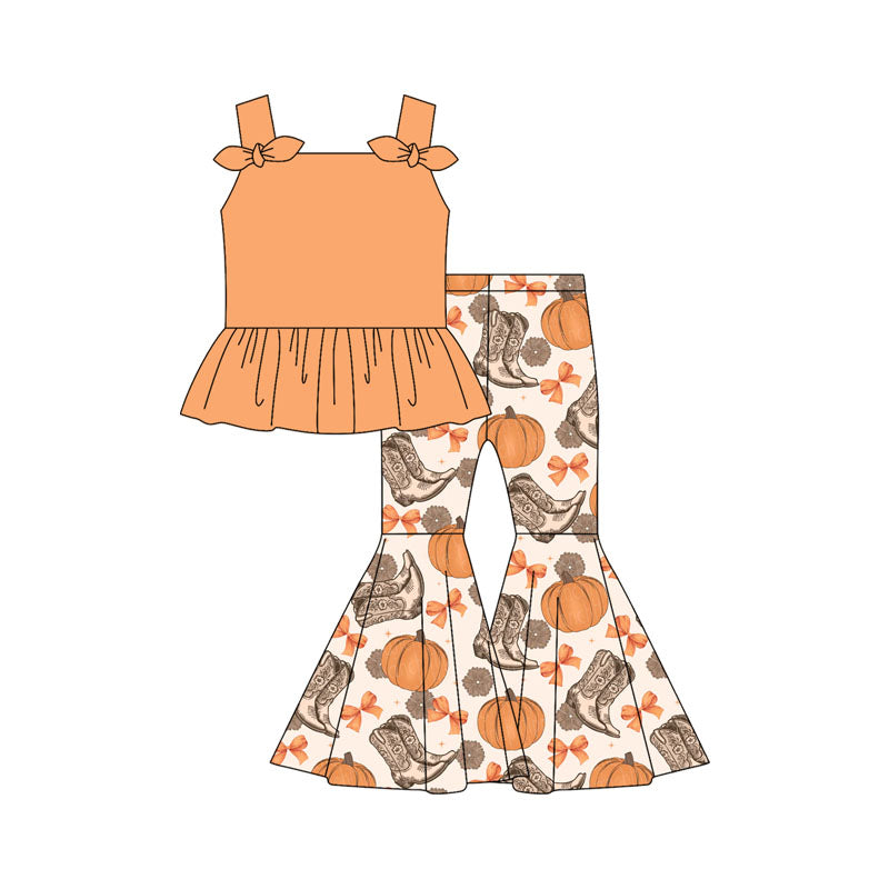 Preorder moq 5 Baby Girls Orange Strap Bows Tunic Bows Pumpkins Bell Bottom Pants Set