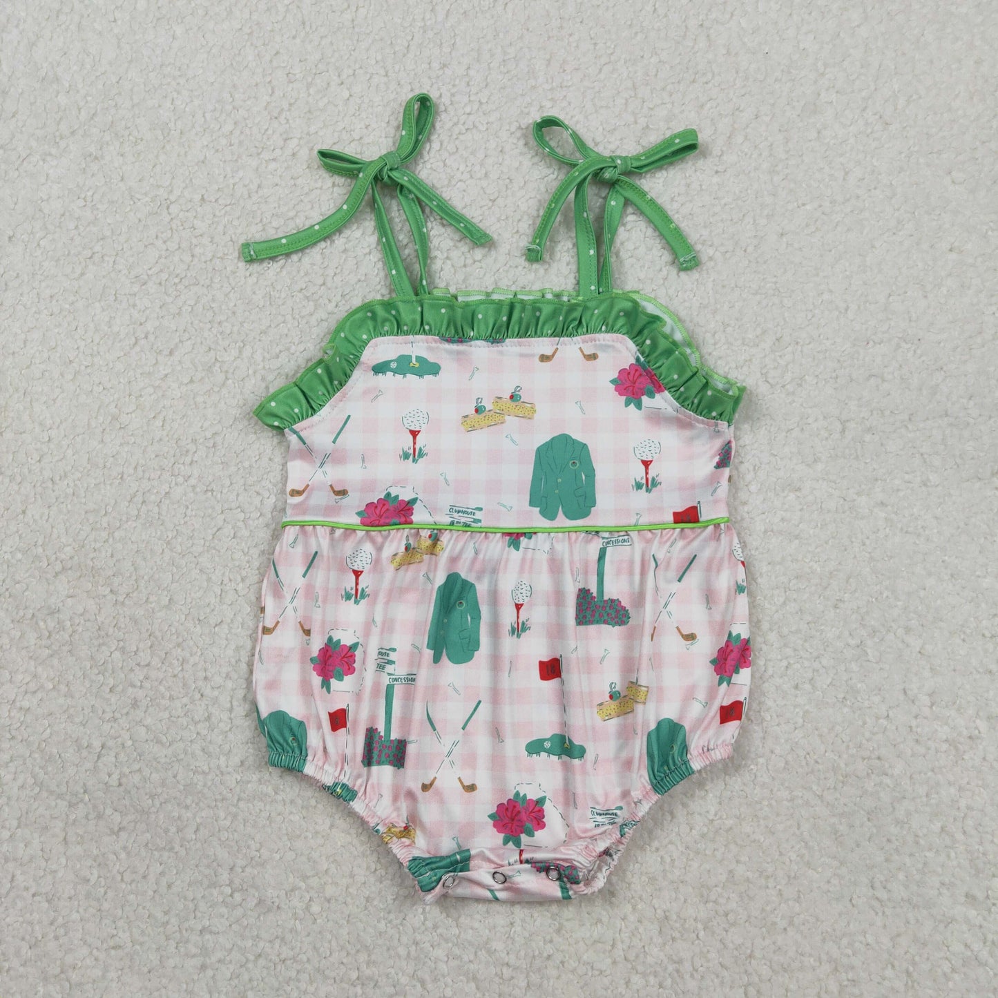 Baby Girls Strap Pink Checked Golf Flags Ruffle Rompers