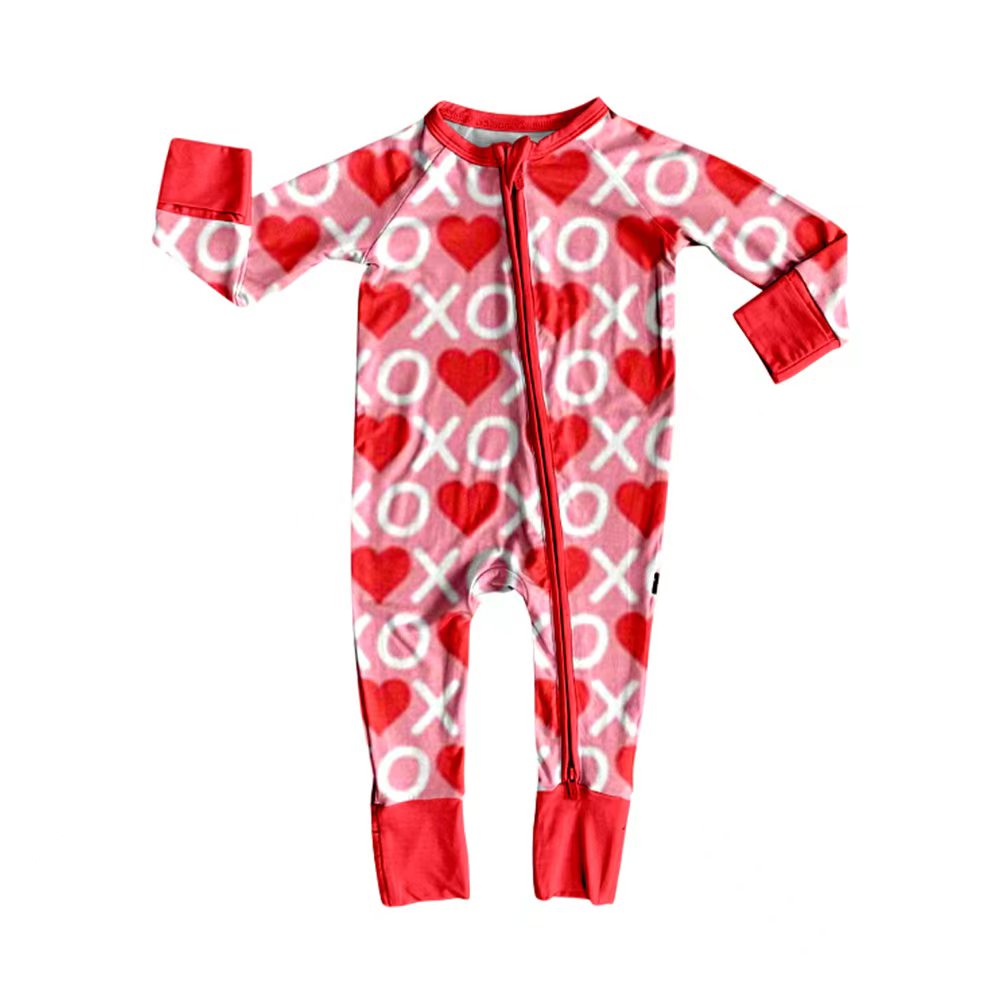 Preorder (moq 20)Baby Girls Bamboo Red Hearts XO Valentine Zippy Footie Rompers