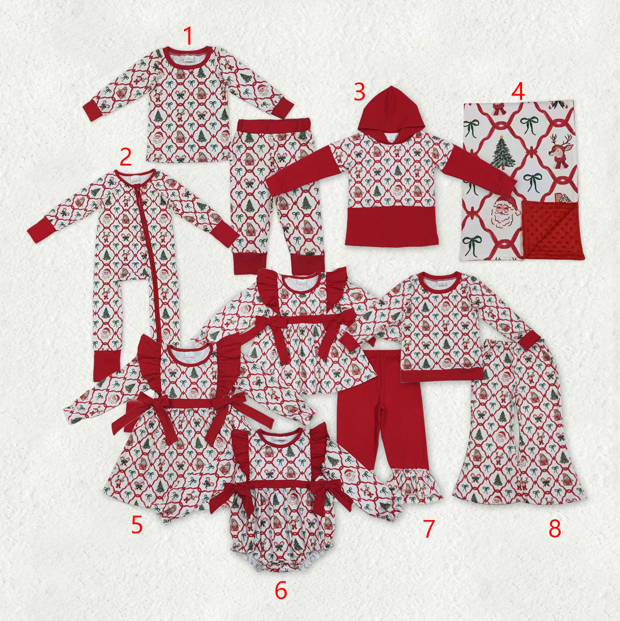 Family Sibling Baby Kids Christmas Red Bows Santa Trees Checked Clothes Sets Rompers Blanked