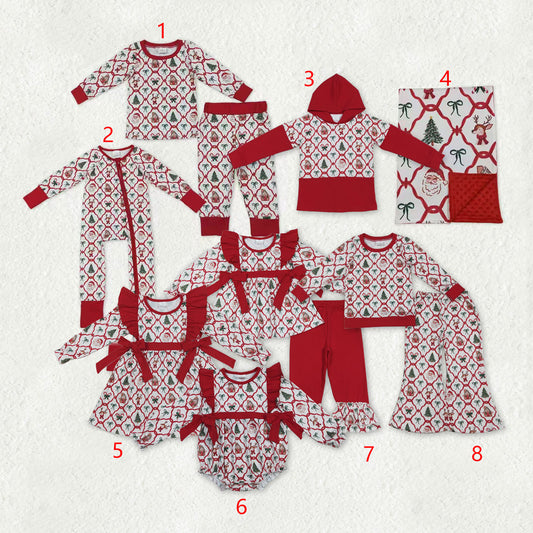 Family Sibling Baby Kids Christmas Red Bows Santa Trees Checked Clothes Sets Rompers Blanked