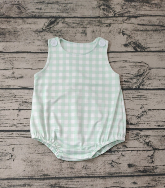 Baby Boys Easter Green Checkered Sleeveless Rompers