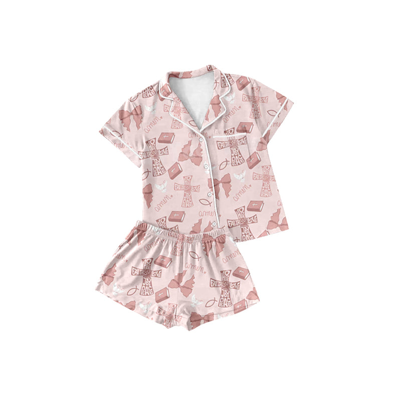 Preorder(MOQ 5) Baby Girls Pink Easter Cross Button Top Shorts Pajamas Clothes Sets