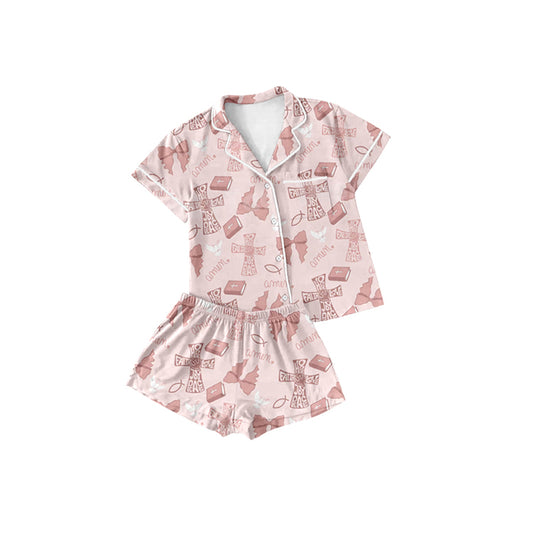 Preorder(MOQ 5) Baby Girls Pink Easter Cross Button Top Shorts Pajamas Clothes Sets