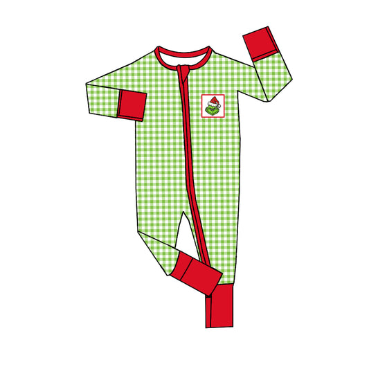 Baby Girls Green Checkered Christmas Frog Zip Long Sleeve Rompers preorder(moq 5)