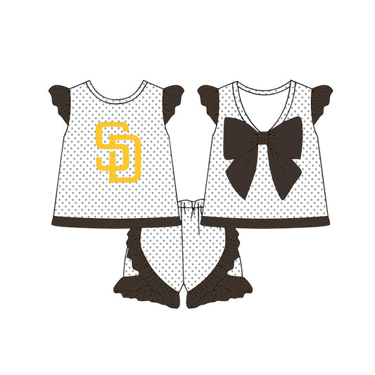 Preorder (moq 5)Baby Girls SD Padres Polka Dots Back Bow Tunic Ruffle Shorts Team Clothes Sets