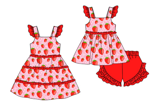 Preorder(moq 5 each) Baby Girls Strawberry Red Ruffles Summer Dress Shorts Sets