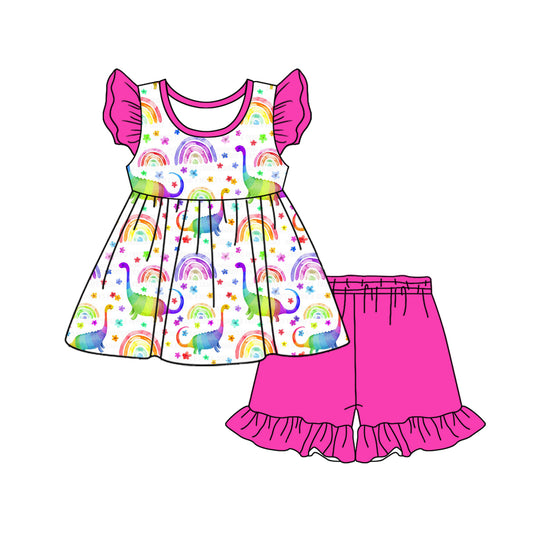 Preorder (moq 5)Baby Girls Colorful Dinosaur Rainbow Top Ruffle Shorts Clothes Sets