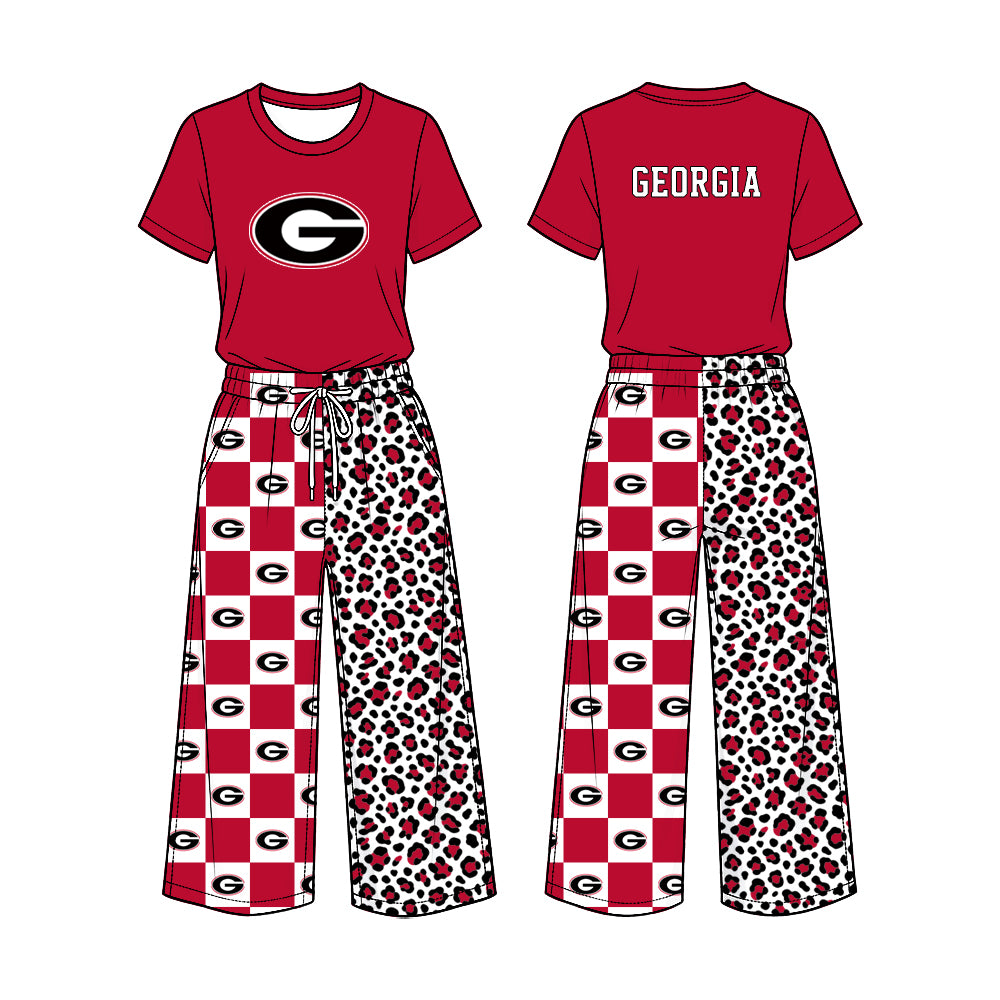 Preorder (moq 5) Baby Girl Clothes Georgia Bulldogs G Logo Checker Leopard Mixed Print Short Sleeve Top Wide Leg Pant Outfit Set