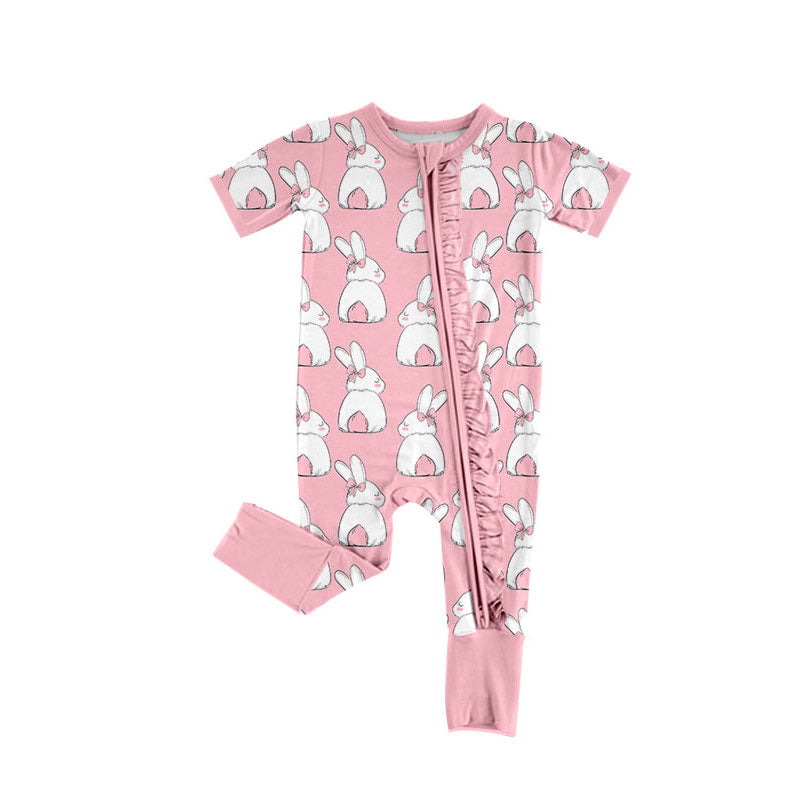 Preorder (moq 5)Baby Girls Pink Rabbits Easter Ruffle Zipper Footie Rompers