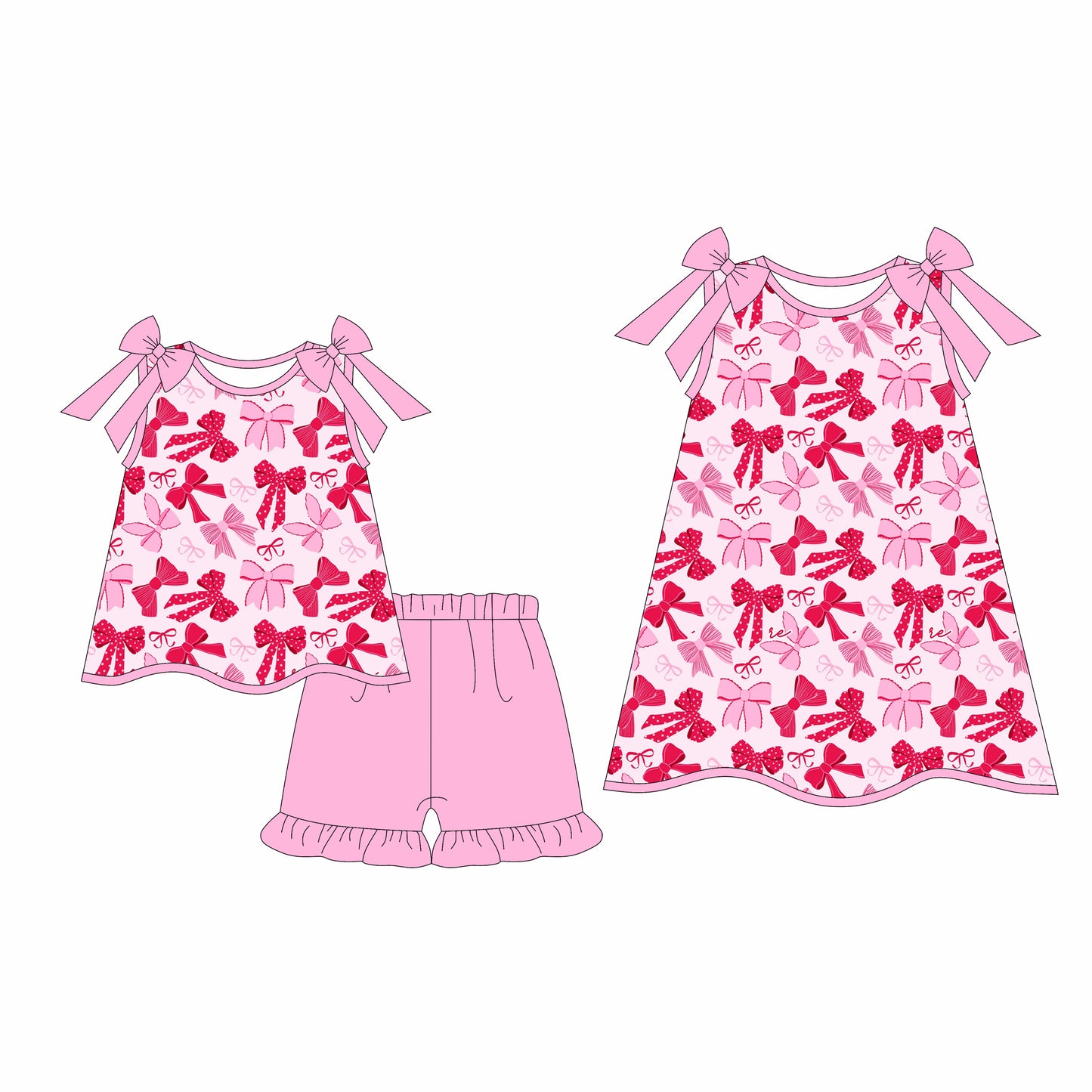 Preorder moq 5 Custom Baby Girls Pink Strap Bows Tunic Ruffle Short Set Knee Length Dresses