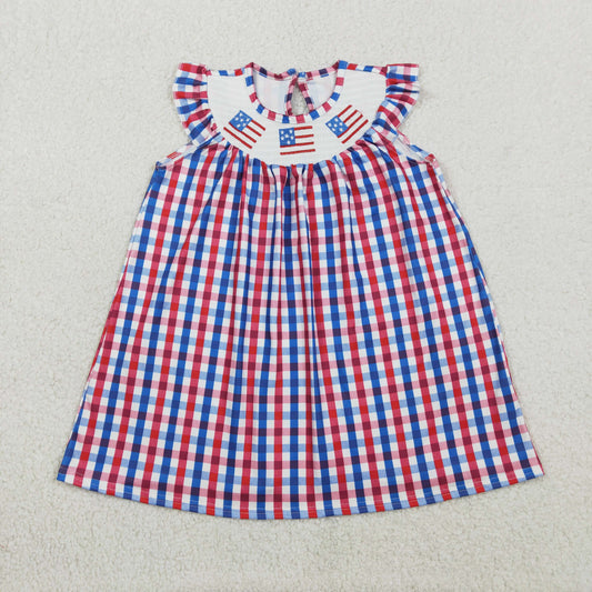 Baby Girls Smocked Flags Red Blue Checked 4th Of July Knee Length Dresses