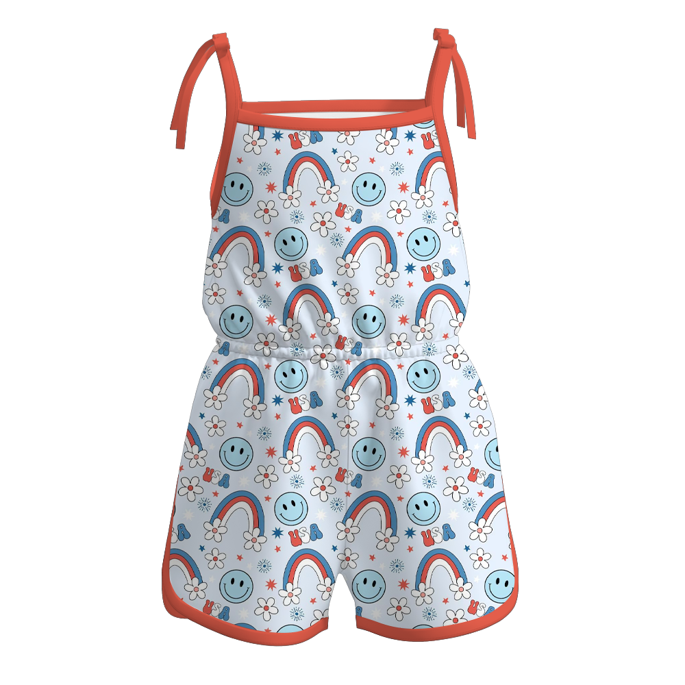 Baby Girls 4th Of July Rainbow Smile Straps Summer Jumpsuits preorder(moq 5)