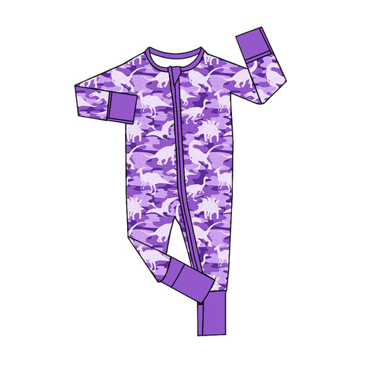 Baby Girls Purple Camo Dinosaurs Bamboo Long Sleeve Zip Rompers preorder(moq 5)