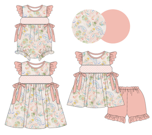 Preorder moq 5 Custom Baby Girls Peach Flutter Sleeves Floral Bows Tunic Ruffle Short Set Knee Length Dress Rompers