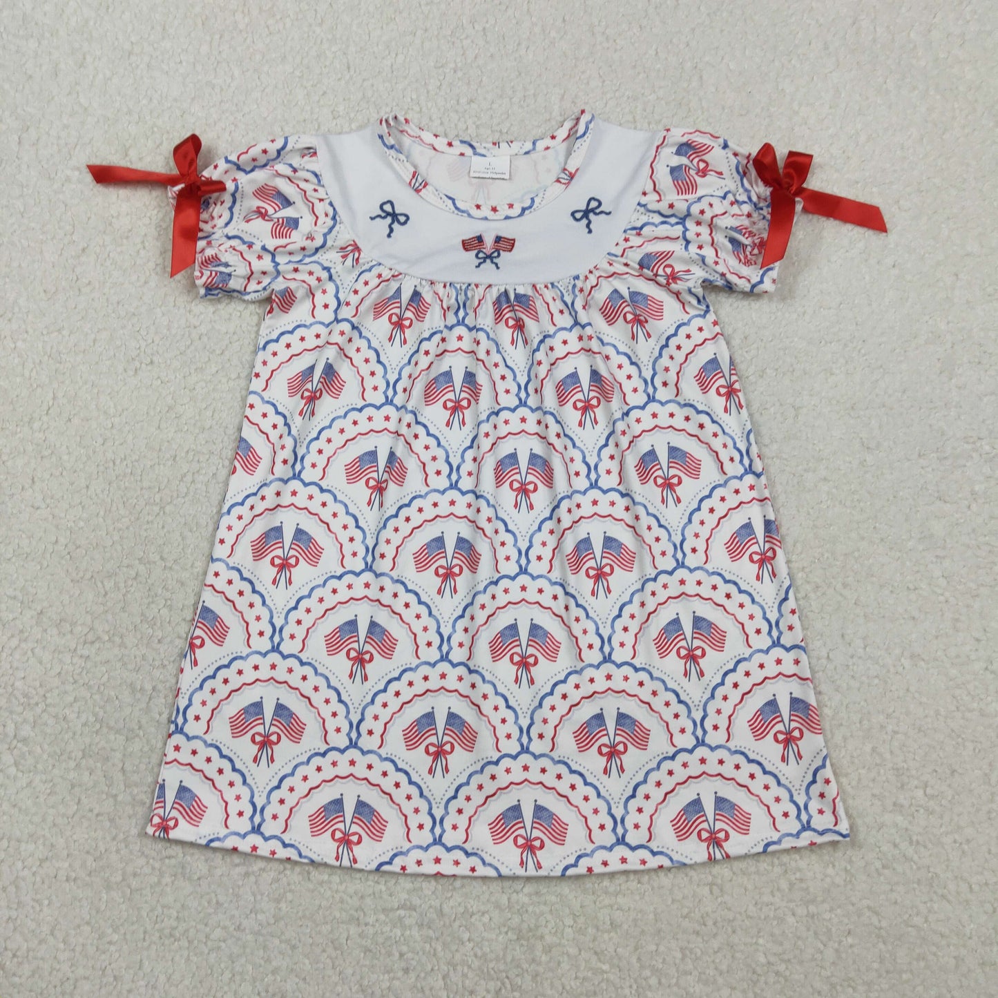 Embroidery Bows Flags Baby Girls Checked 4th of July Knee Length Dresses