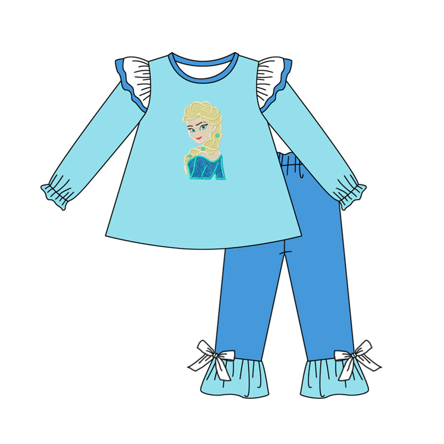 Baby Girls Princess Sister Blue Tunic Top Ruffle Pants Clothes Sets Preorder(moq 5)