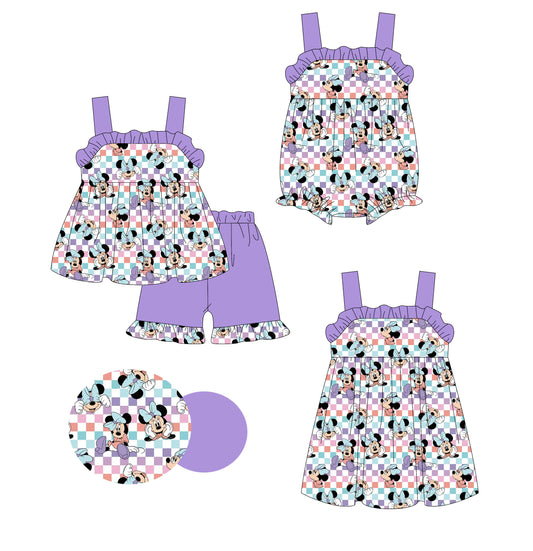 Preorder moq 5 Custom Baby Girls Lavender Strap Cartoon Mouses Plaid Tunic Ruffle Short 4th Of July Set Knee Length Dress And Rompers