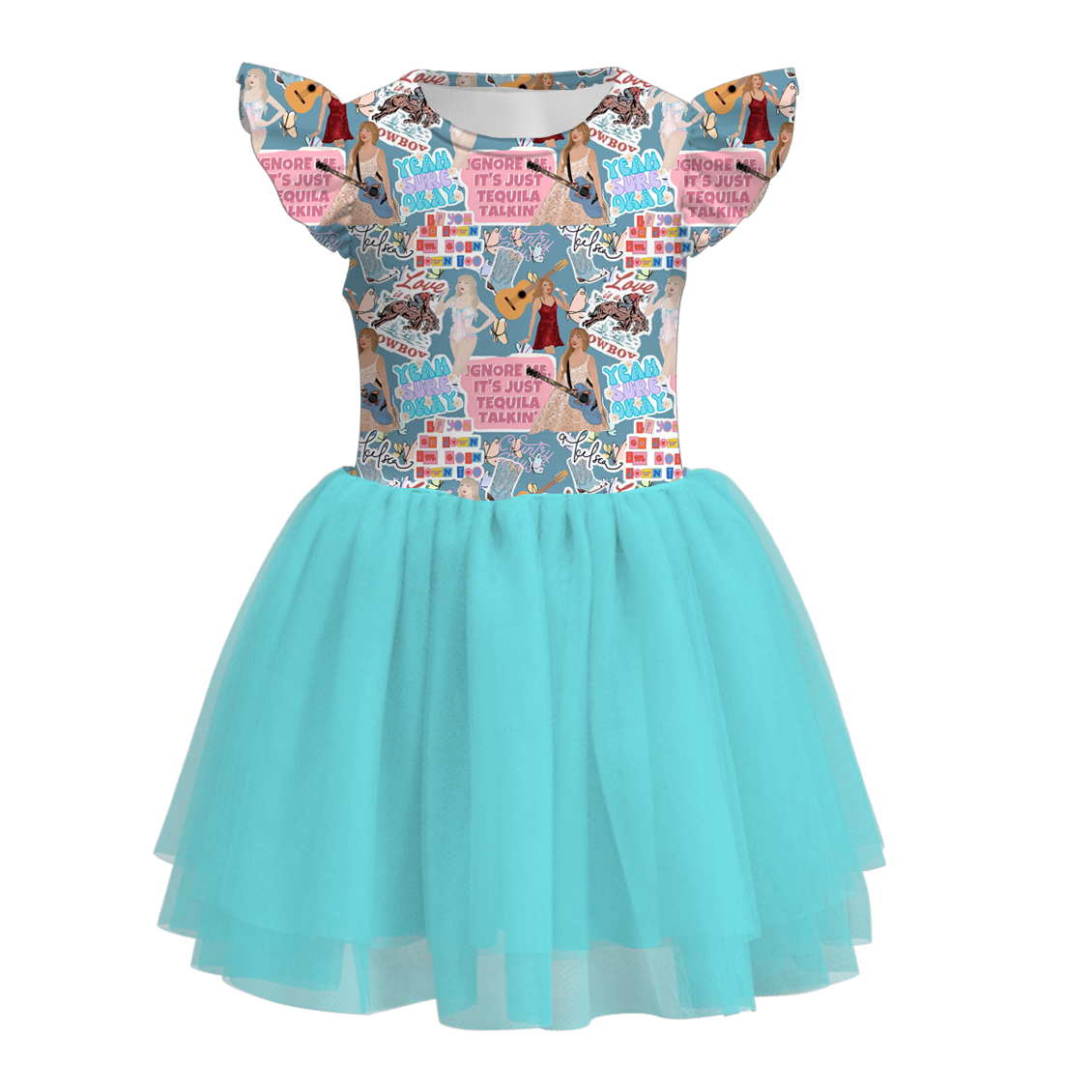 Baby Girls Singer Aqua Swiftie Flutter Sleeve Tutu Knee Length Dresses preorder (moq 5)