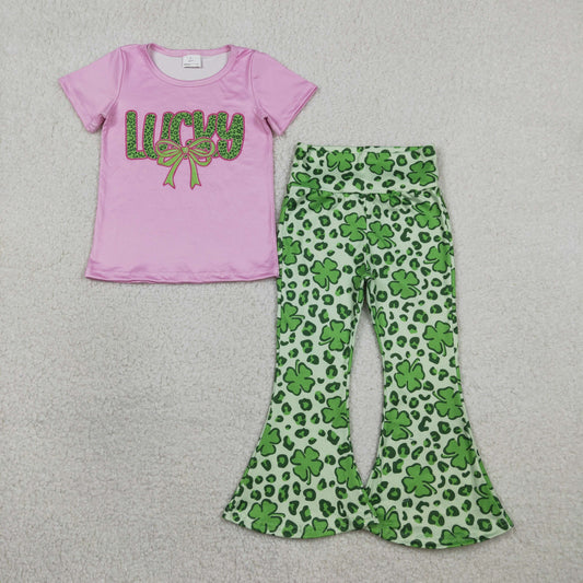 Baby Girls Clover Bow Lucky Top Bell Bottom Pants St Patrick Clothes Sets